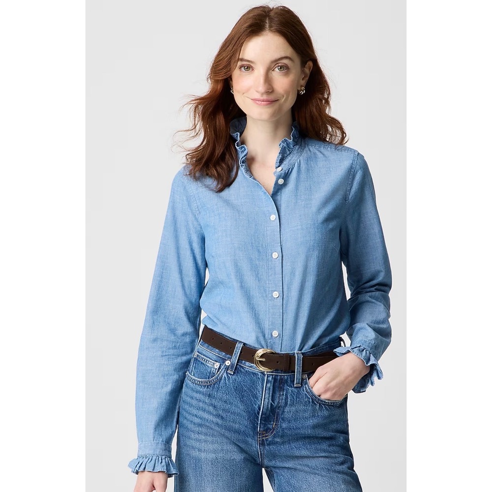 J.Crew Womens Chambray ruffle button-down top Vista Blue Wash CP619 Medium NEW